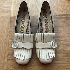Gucci GG Marmont Block Heel Patent Loafer Pumps - Ivory White